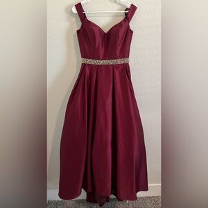 Betsy & Adam Burgundy Prom Dress with Sparkling Waistband